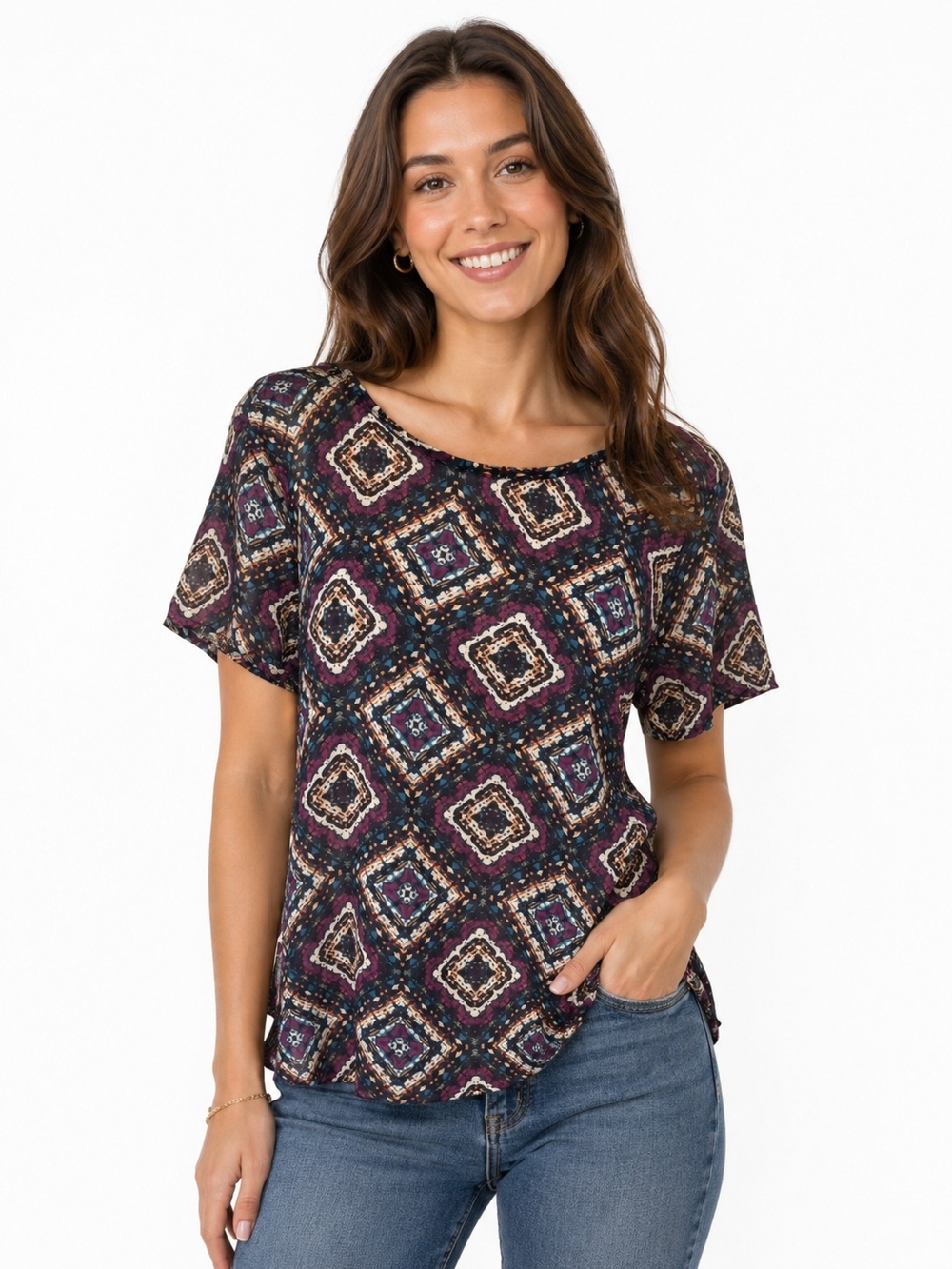 living doll Short Sleeve Geometric Diamond Print Tee - Navy & Purple